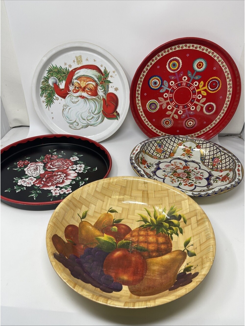 Vintage Tin Tray Bowl Lot 5 Santa Claus Christmas Asian Floral Fruit Woven Decor